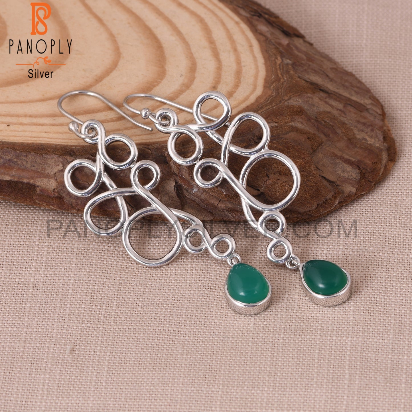 Green Onyx Gemstone Squiggle Long Dangle Earrings