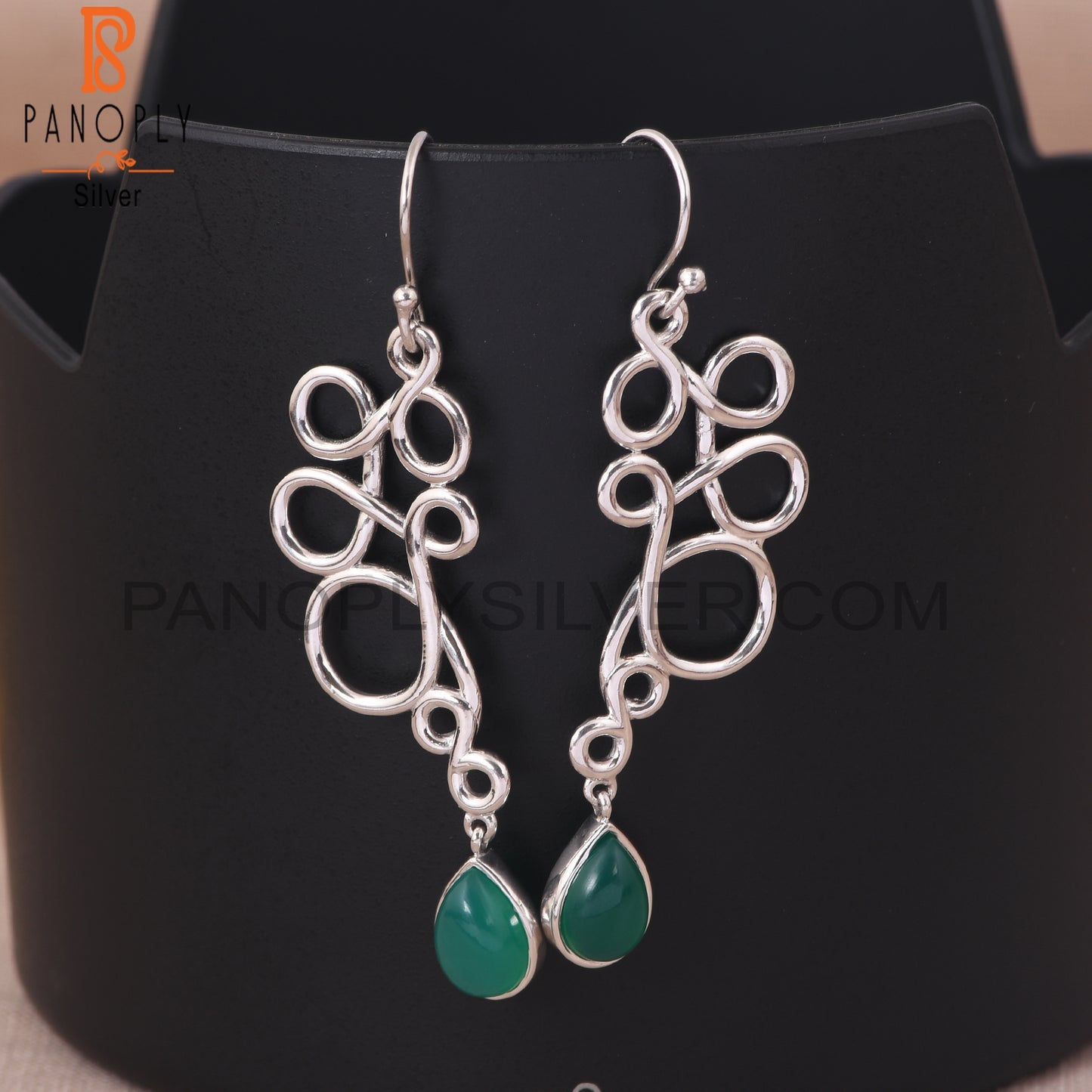 Green Onyx Gemstone Squiggle Long Dangle Earrings