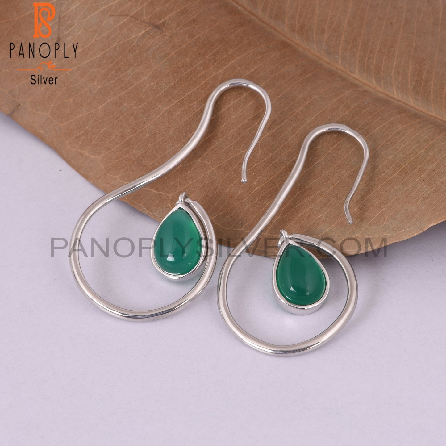 Handmade 925 Silver Green Onyx Pearl Shape Earrings