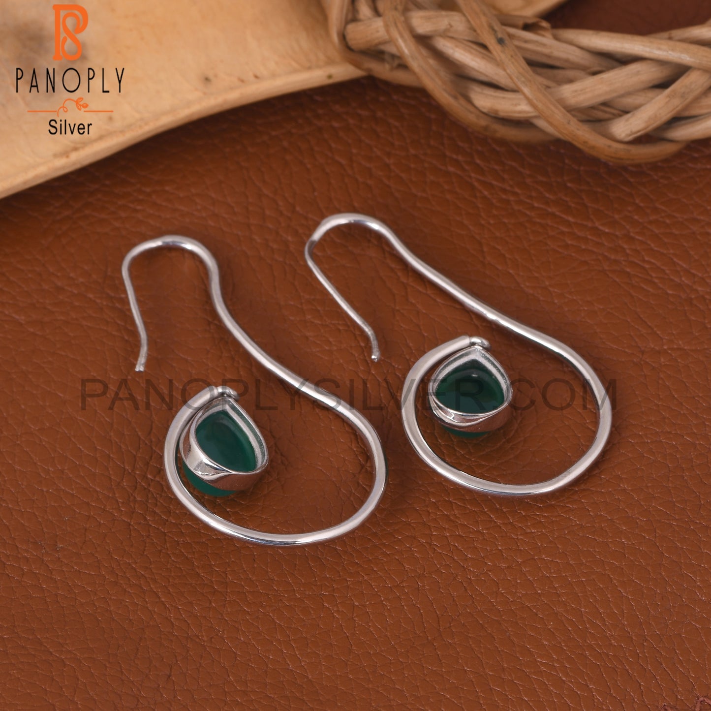 Handmade 925 Silver Green Onyx Pearl Shape Earrings