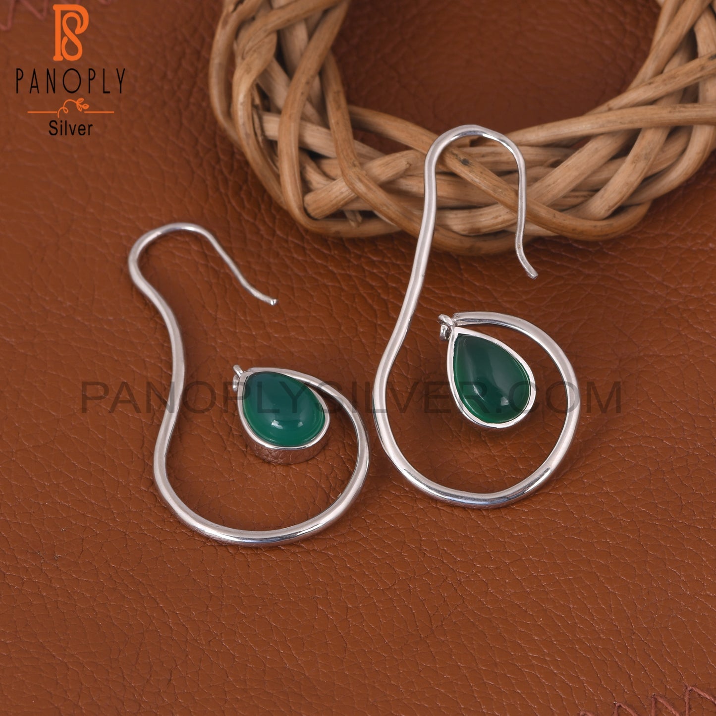 Handmade 925 Silver Green Onyx Pearl Shape Earrings