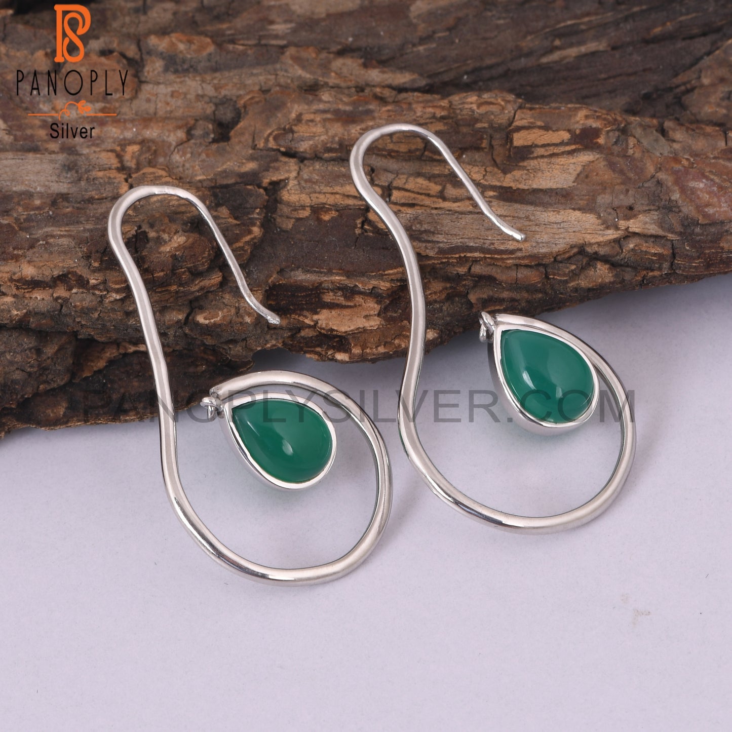 Handmade 925 Silver Green Onyx Pearl Shape Earrings