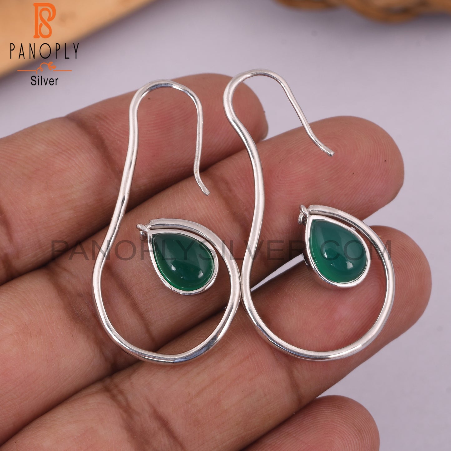 Handmade 925 Silver Green Onyx Pearl Shape Earrings