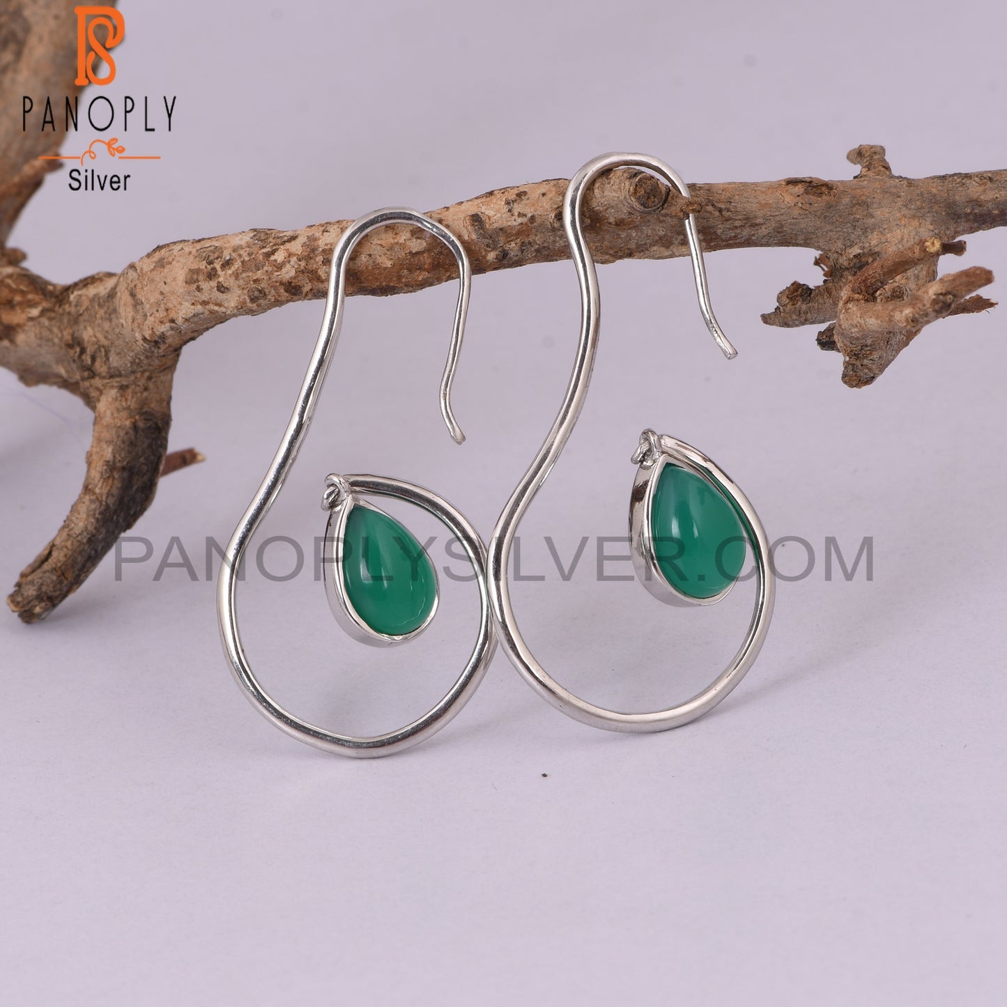 Handmade 925 Silver Green Onyx Pearl Shape Earrings