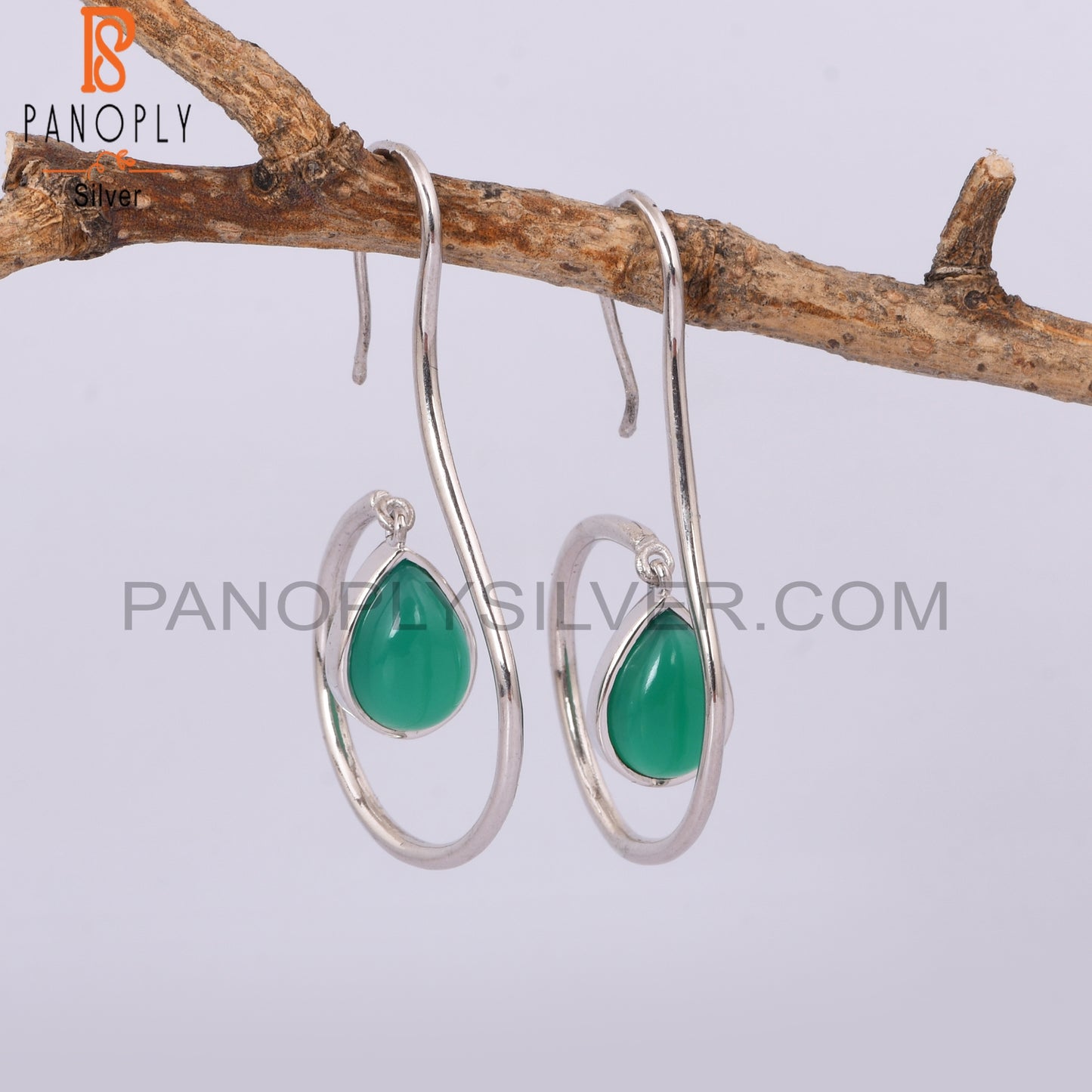 Handmade 925 Silver Green Onyx Pearl Shape Earrings