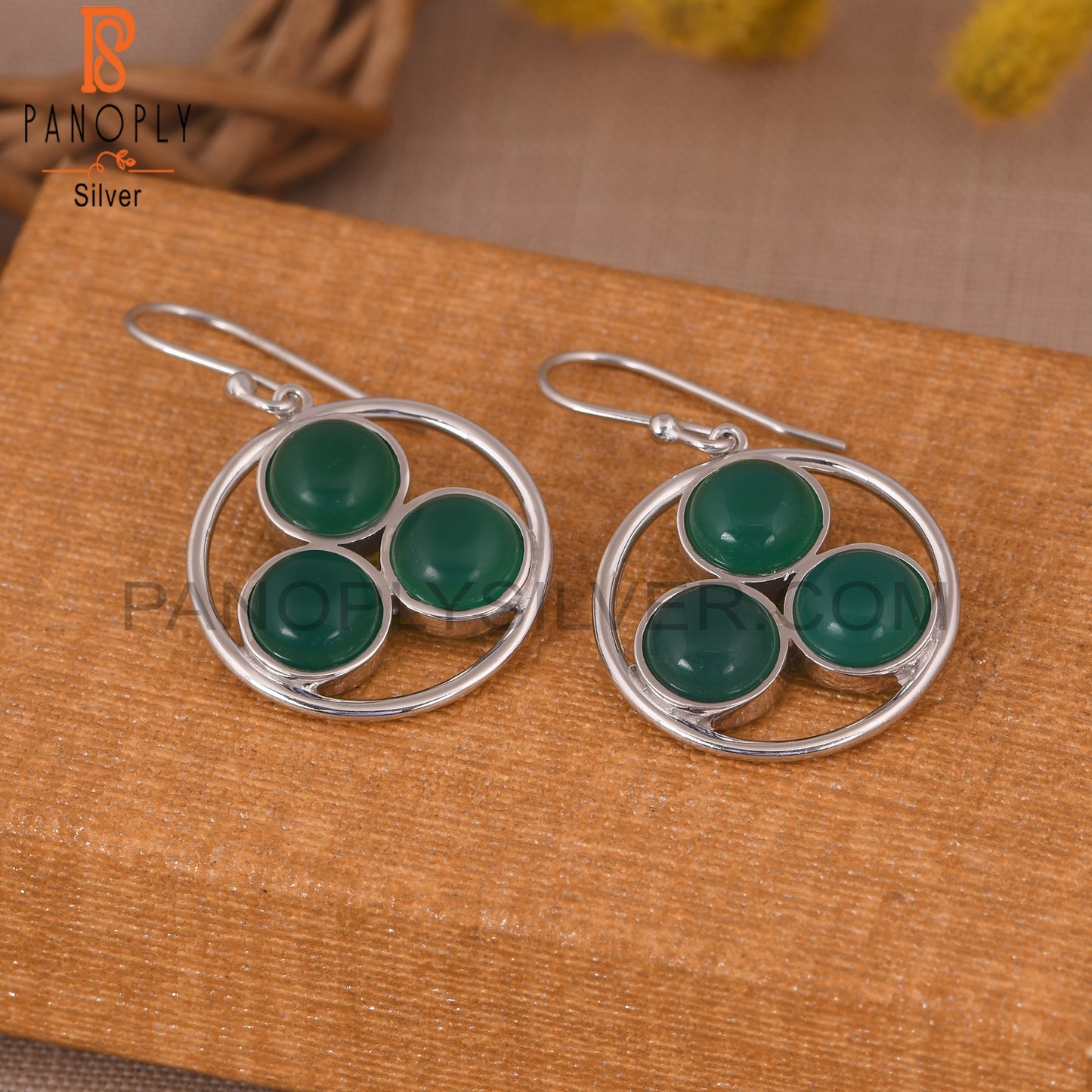 925 Silver Green Onyx Gemstone White Rhodium Plated Earring