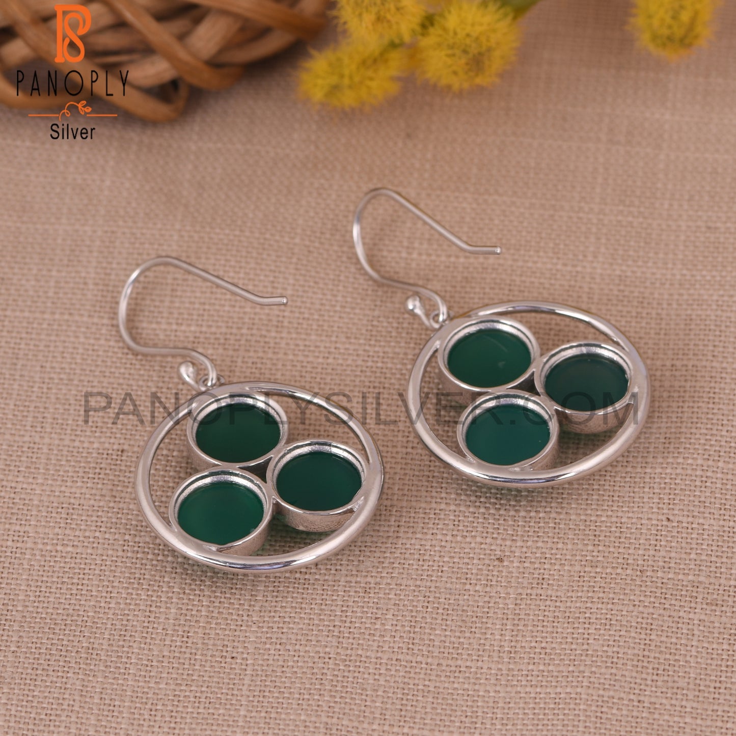 925 Silver Green Onyx Gemstone White Rhodium Plated Earring