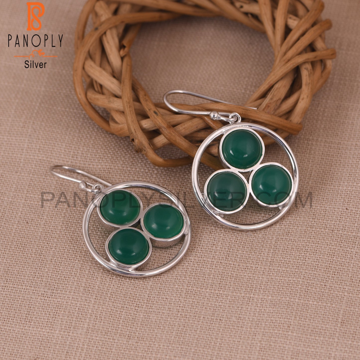 925 Silver Green Onyx Gemstone White Rhodium Plated Earring