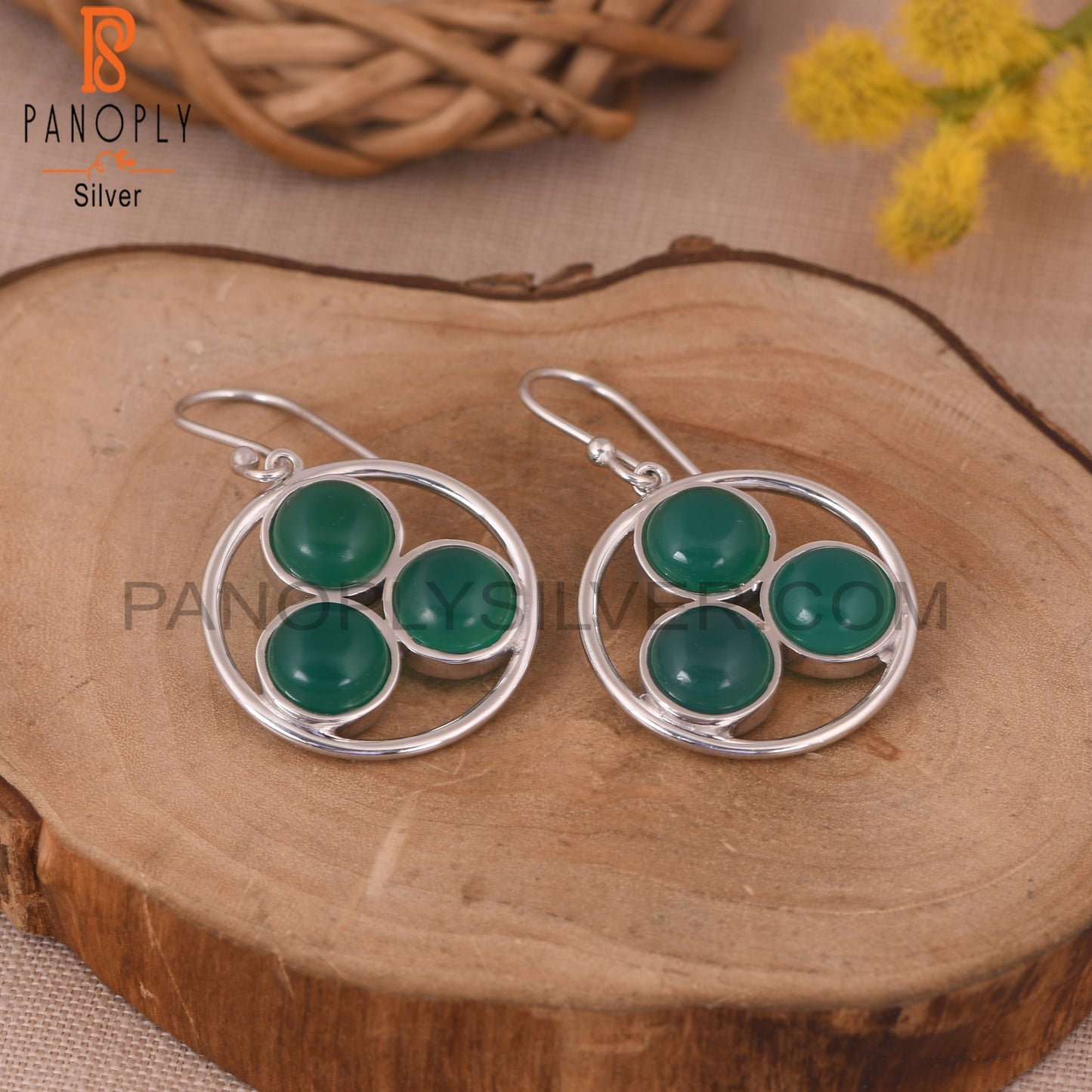925 Silver Green Onyx Gemstone White Rhodium Plated Earring