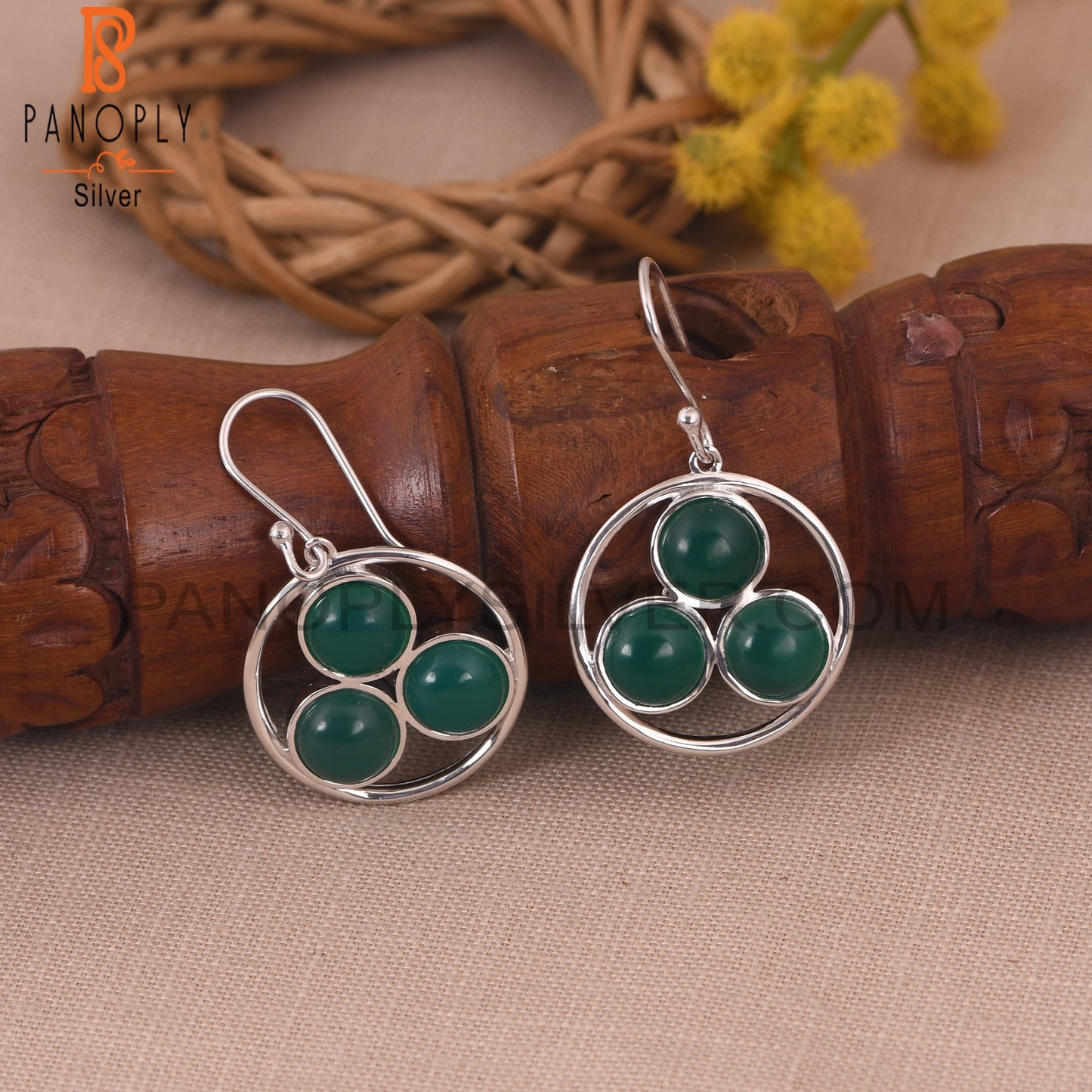 925 Silver Green Onyx Gemstone White Rhodium Plated Earring