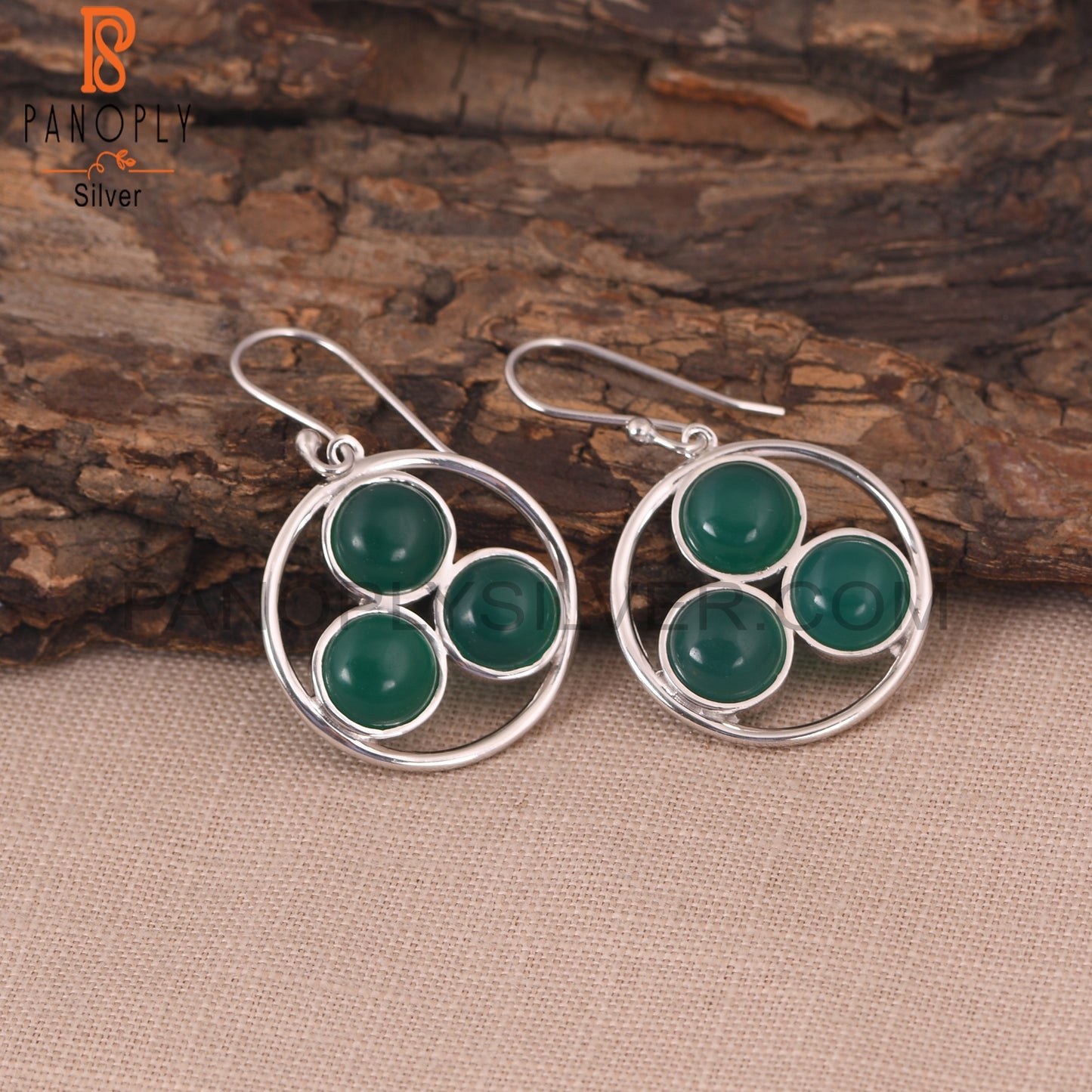 925 Silver Green Onyx Gemstone White Rhodium Plated Earring