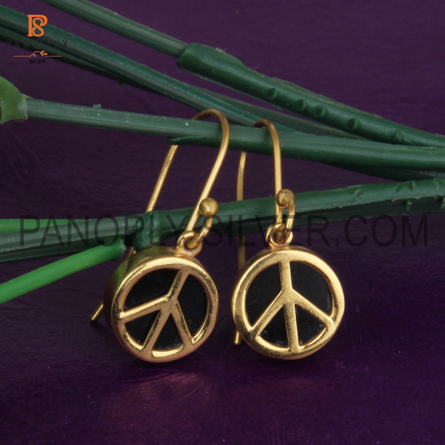 Black Onyx Gemstone Peace Design Symbol Earrings