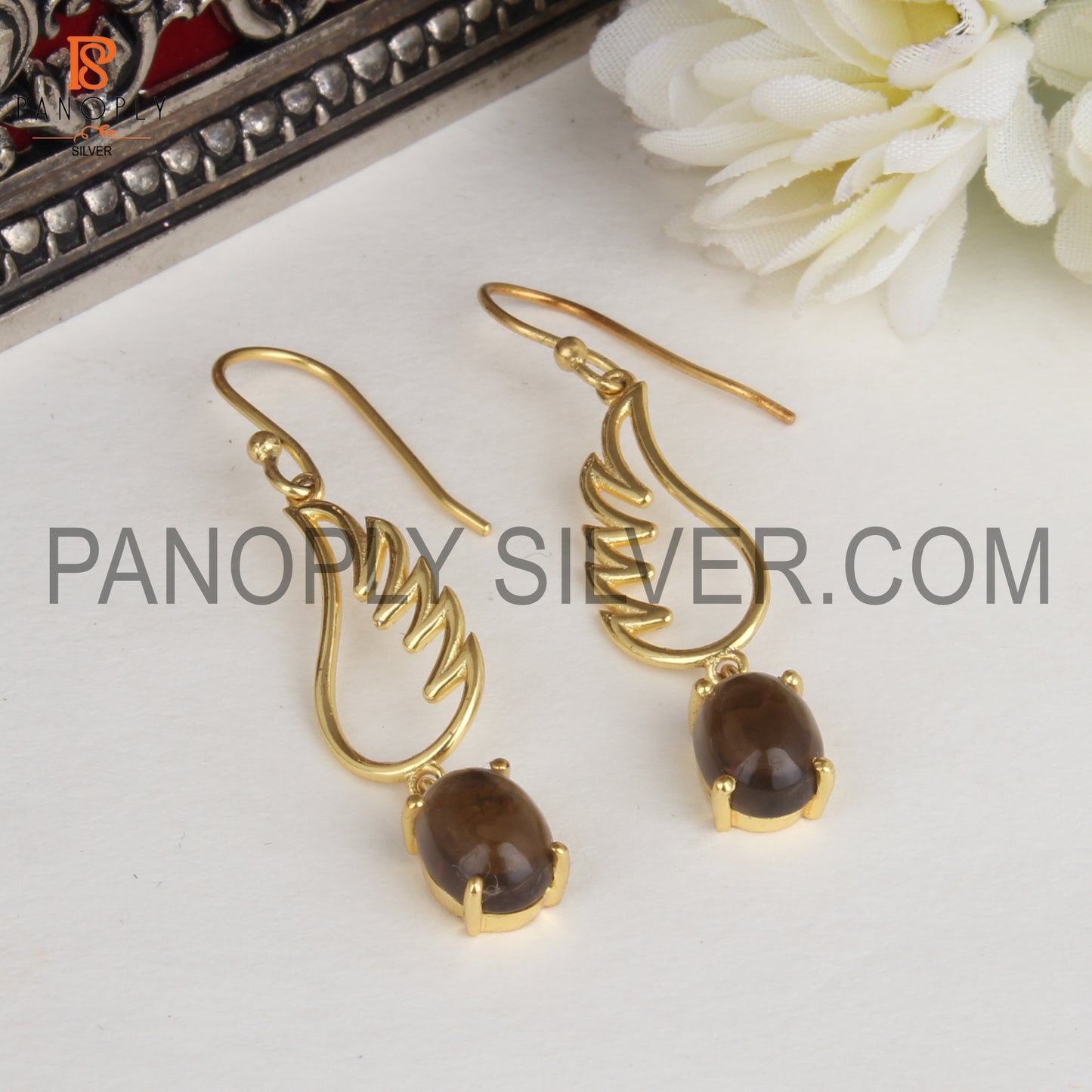 Angle Wing 925 Silver Gold Plated Smoky Quartz Earrings