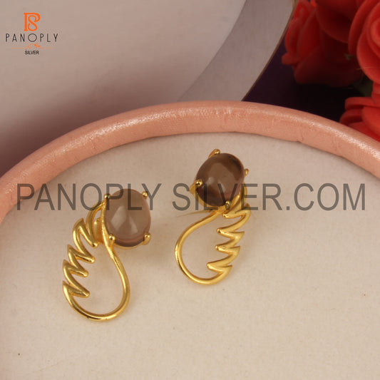 18K Gold Plated 925 Silver Smoky Gem Angel Wing Earrings