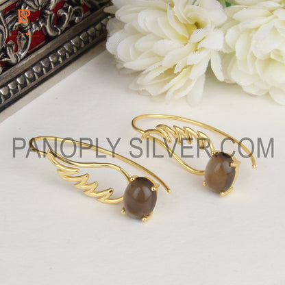 Smoky Quartz 925 Silver Gold Plated Dangle Wing Earring