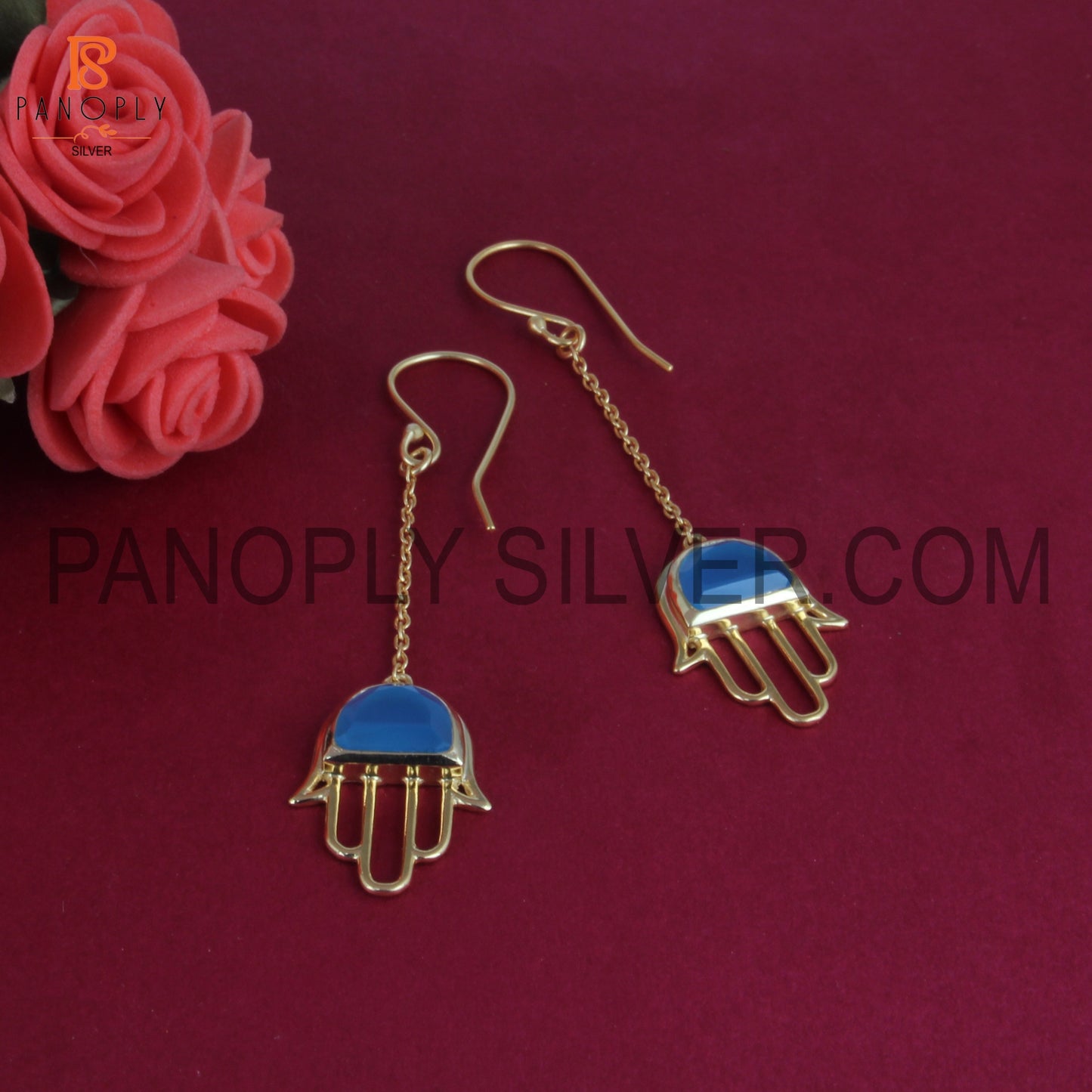 Handmade Hamsa Hand Gold Plated Blue Chalcedony Dangle