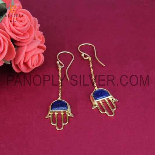 Handmade Hamsa Lapis Gemstone Chain Earings