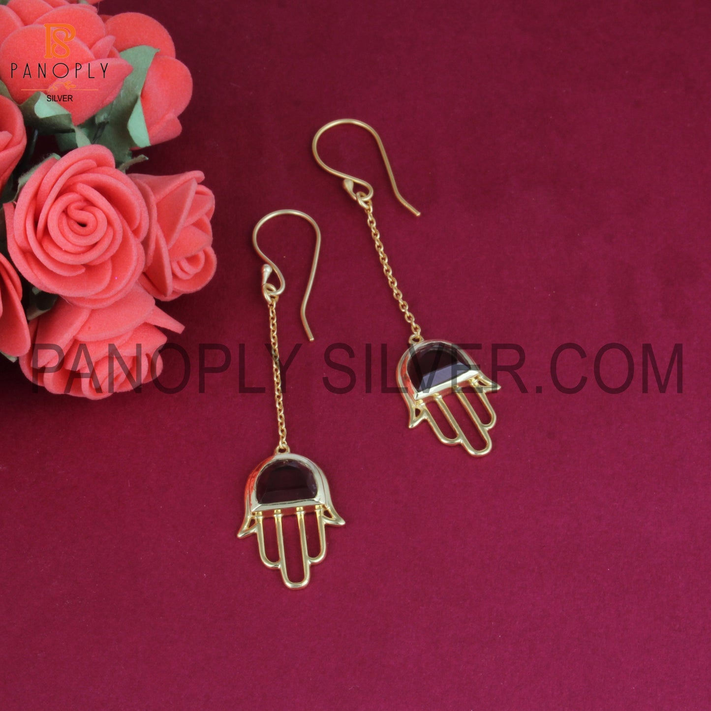 Genuine Smoky Hamsa Design Chain Earings