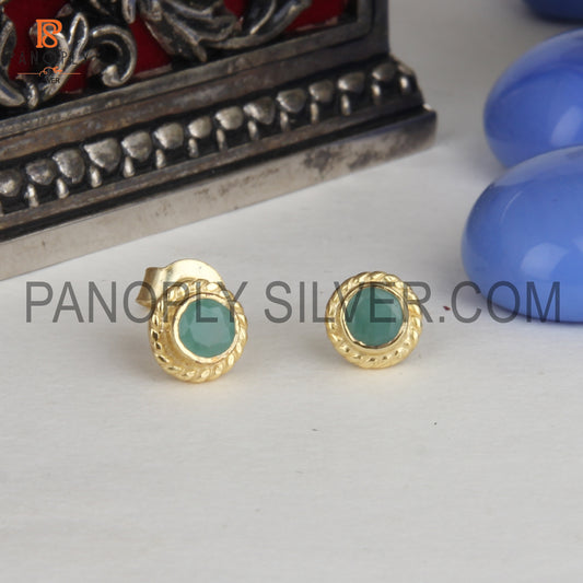 Gemstone Emerald Handmade Textured Stud Earrings