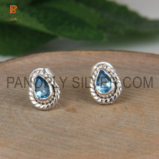 Blue Topaz Gemstone Pear Cut Female Stud Earrings