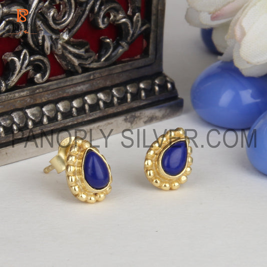 Blue Gem Pear Shape Lapis Female Gold Plated Stud Earrings