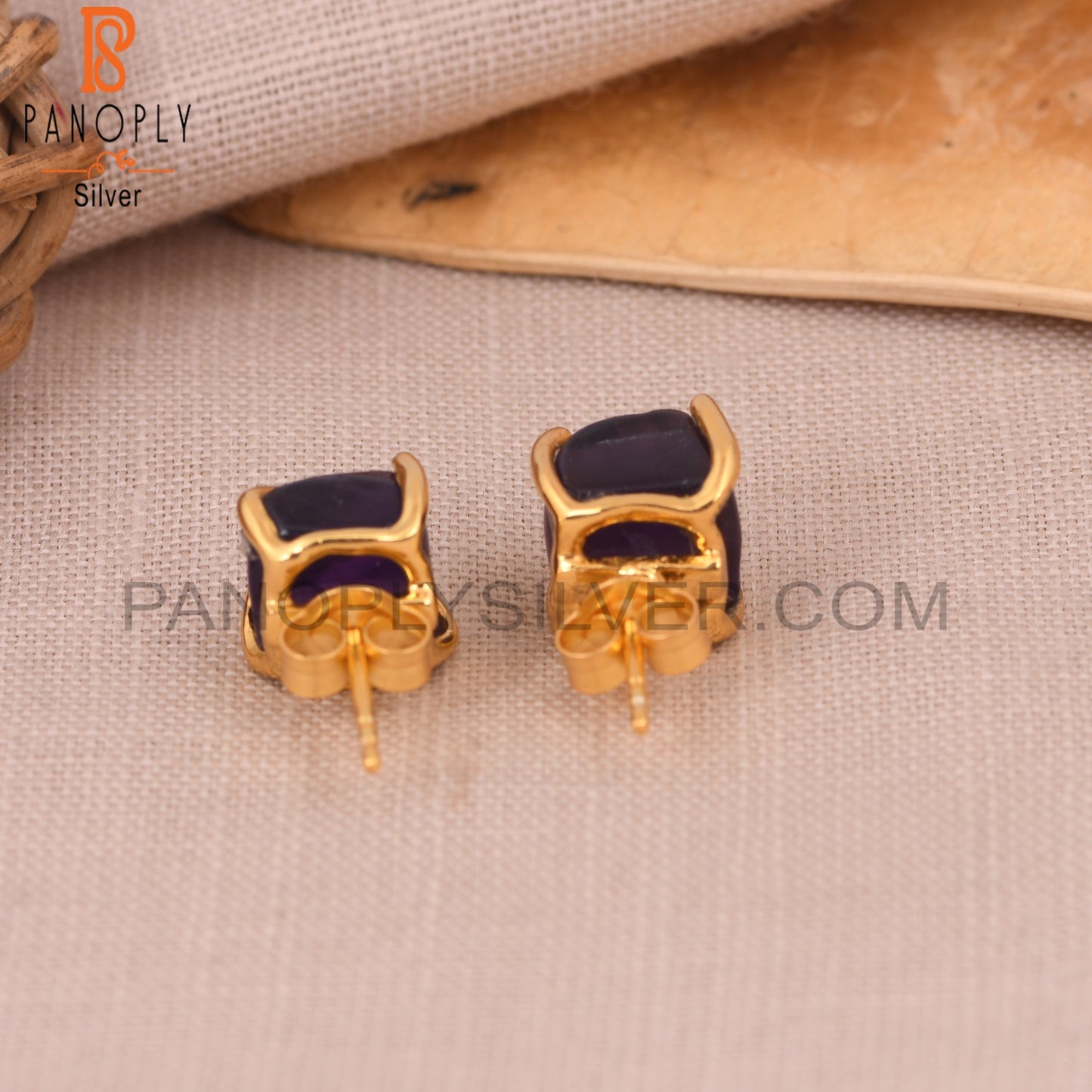 Natural Rough Stud Amethyst Gemstone Gold Earrings