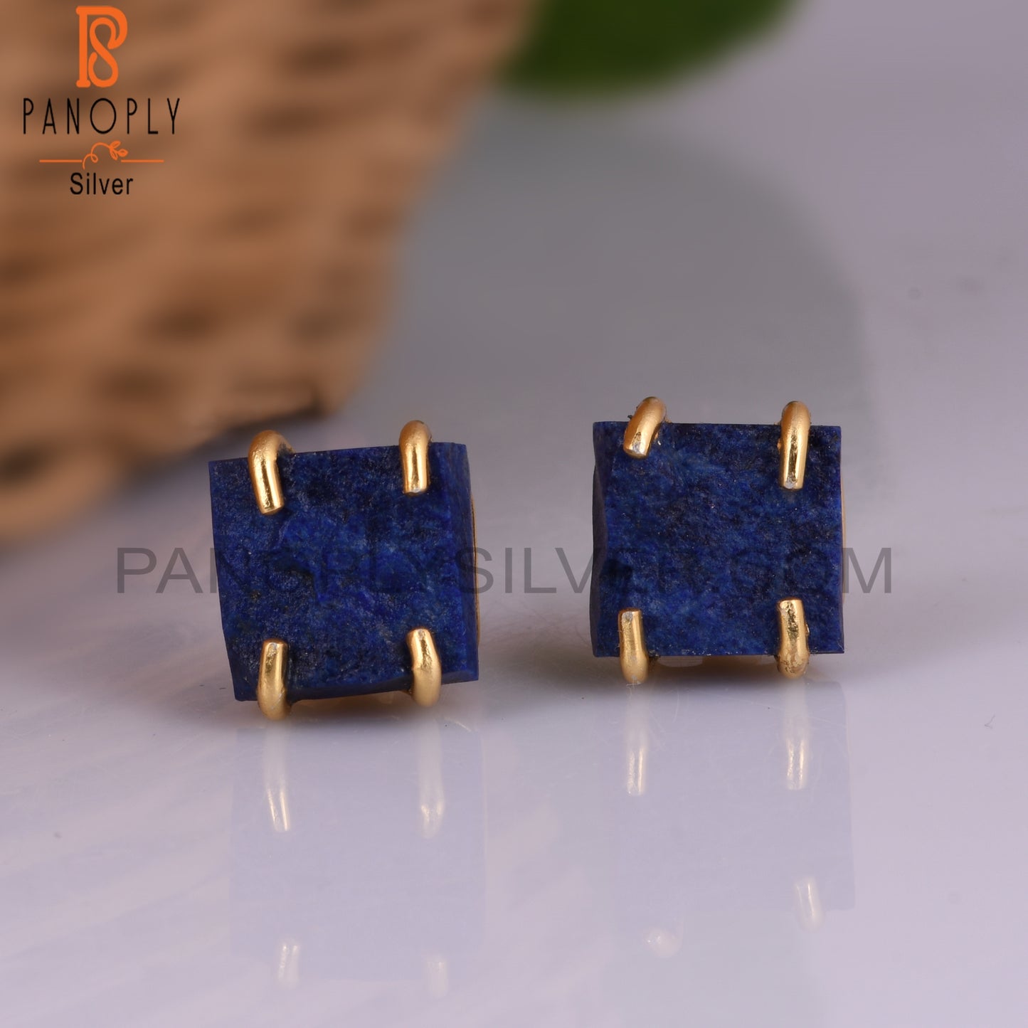 Rough Lapis 925 Silver Gold Plated Stud Raw Earrings