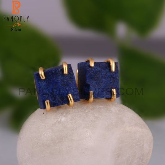 Rough Lapis 925 Silver Gold Plated Stud Raw Earrings