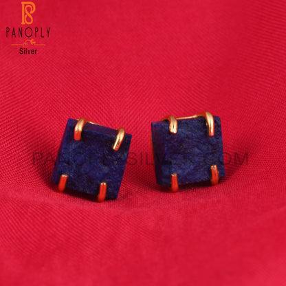 Rough Lapis 925 Silver Gold Plated Stud Raw Earrings