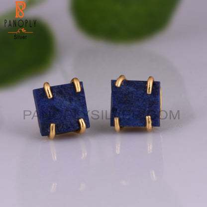 Rough Lapis 925 Silver Gold Plated Stud Raw Earrings