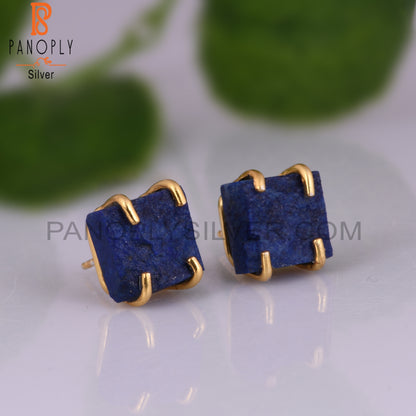 Rough Lapis 925 Silver Gold Plated Stud Raw Earrings