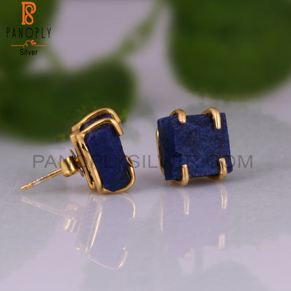 Rough Lapis 925 Silver Gold Plated Stud Raw Earrings