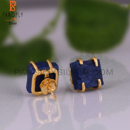 Rough Lapis 925 Silver Gold Plated Stud Raw Earrings