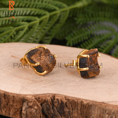 925 Silver Tiger Eye Yellow Raw Stone Stud Earrings