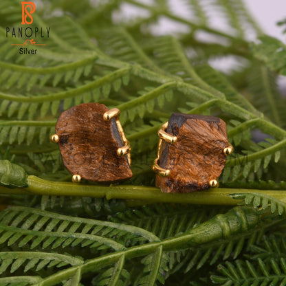 925 Silver Tiger Eye Yellow Raw Stone Stud Earrings