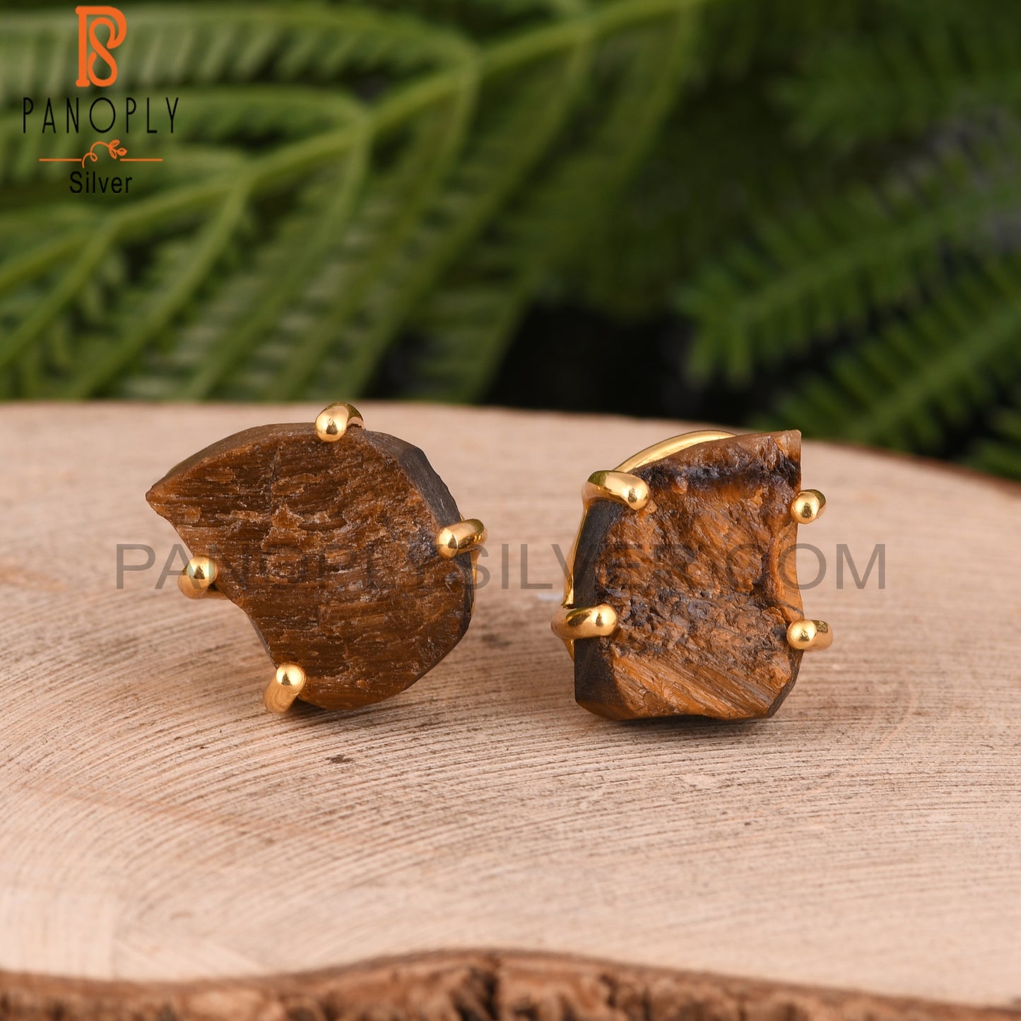 925 Silver Tiger Eye Yellow Raw Stone Stud Earrings