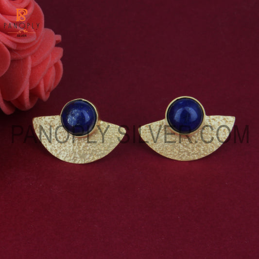 Gold Plated 925 Silver Fan Design Textured Lapis Earrings