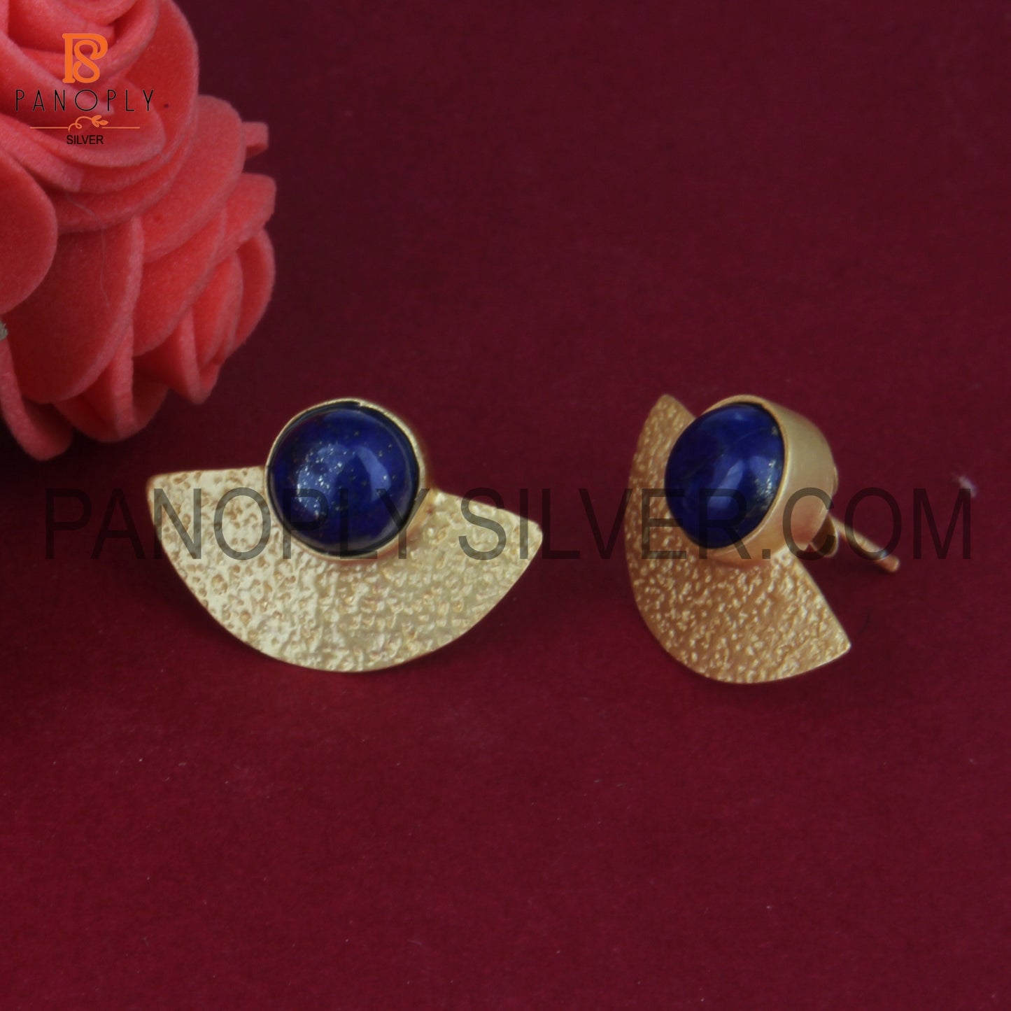 Gold Plated 925 Silver Fan Design Textured Lapis Earrings