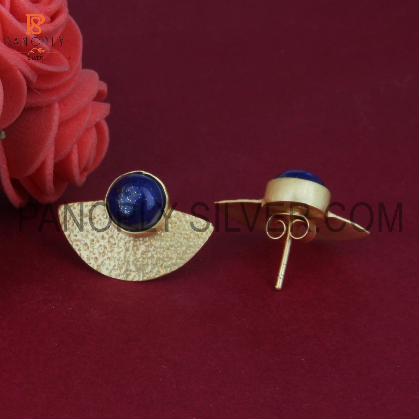 Gold Plated 925 Silver Fan Design Textured Lapis Earrings