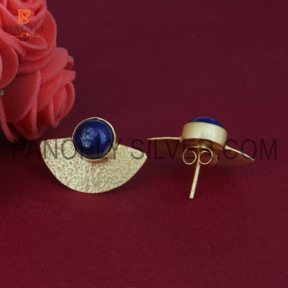 Gold Plated 925 Silver Fan Design Textured Lapis Earrings