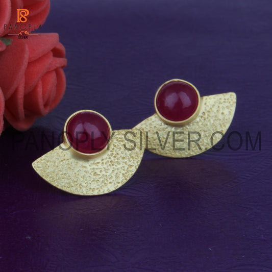 Dyed Ruby Yellow Gold Tone 925 Silver Textured Fan Stud