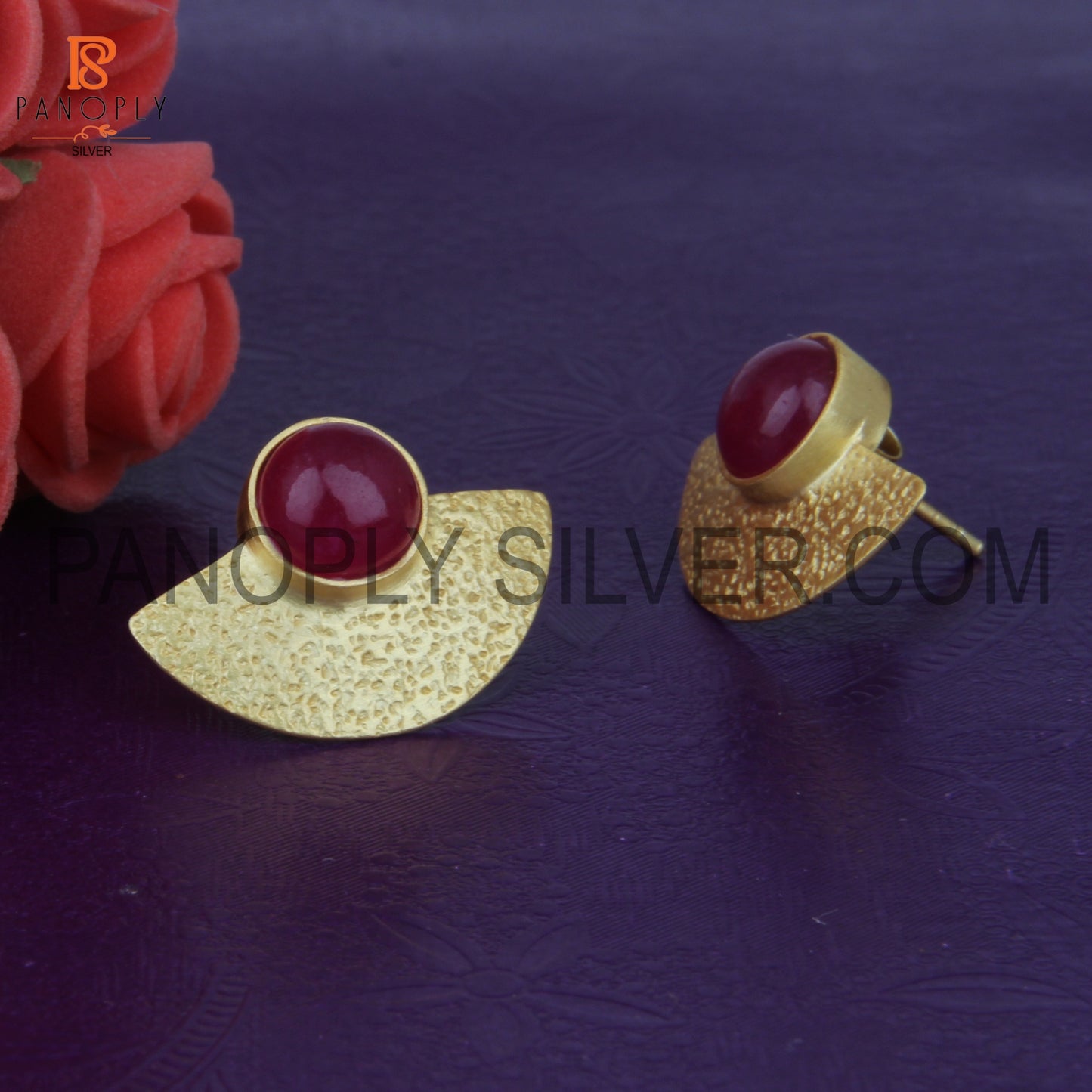 Dyed Ruby Yellow Gold Tone 925 Silver Textured Fan Stud