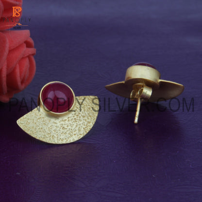 Dyed Ruby Yellow Gold Tone 925 Silver Textured Fan Stud