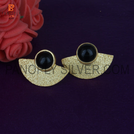 Black Onyx Yellow Gold 925 Sterling Silver Textured Fan Studs