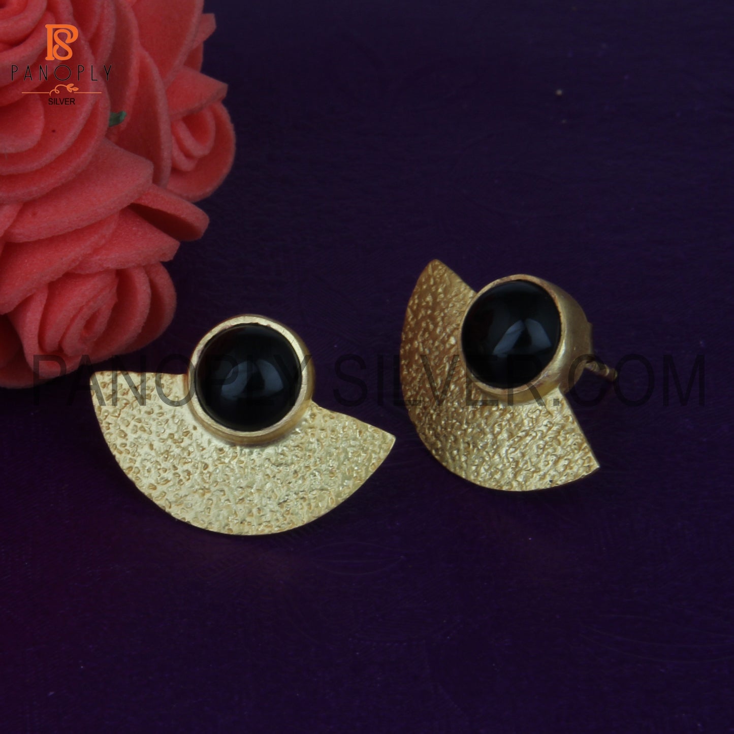Black Onyx Yellow Gold 925 Sterling Silver Textured Fan Studs