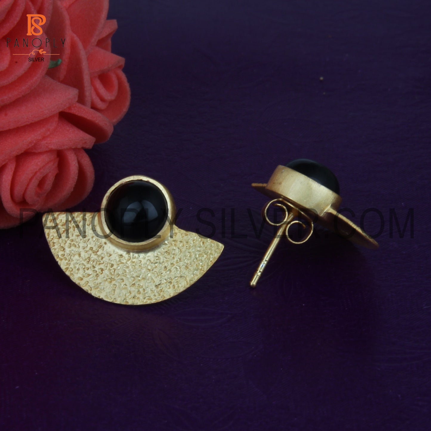 Black Onyx Yellow Gold 925 Sterling Silver Textured Fan Studs