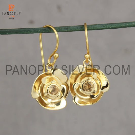 Gold Plated Rose Flower Design Citrine Gemstone Earrings