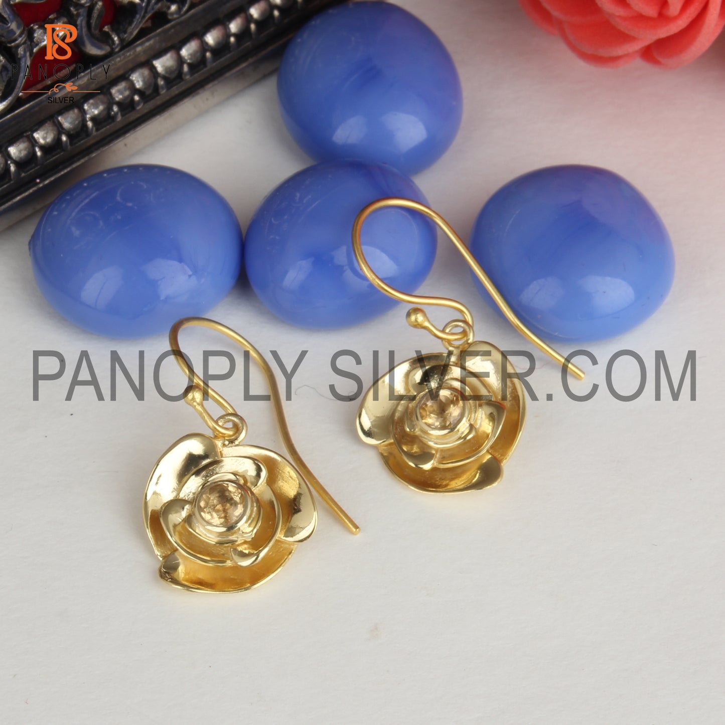 Gold Plated Rose Flower Design Citrine Gemstone Earrings