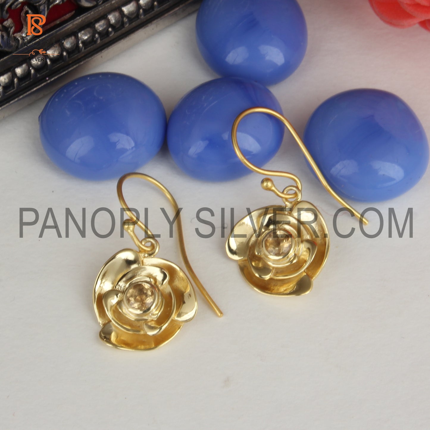 Gold Plated Rose Flower Design Citrine Gemstone Earrings