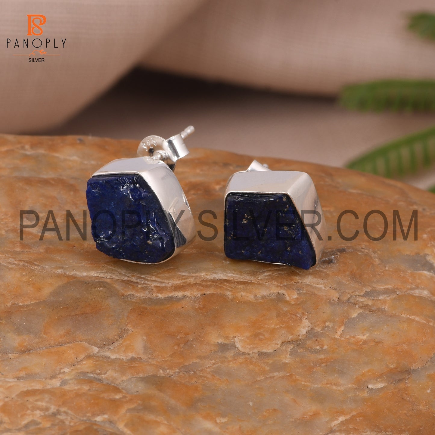 925 Silver Lapis December Birthstone Rough Stud Earrings